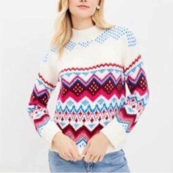 LOFT Sweaters - LOFT Whisper White Fair Isle Wide Sleeve Mock Neck Sweater M Medium Pink Blue